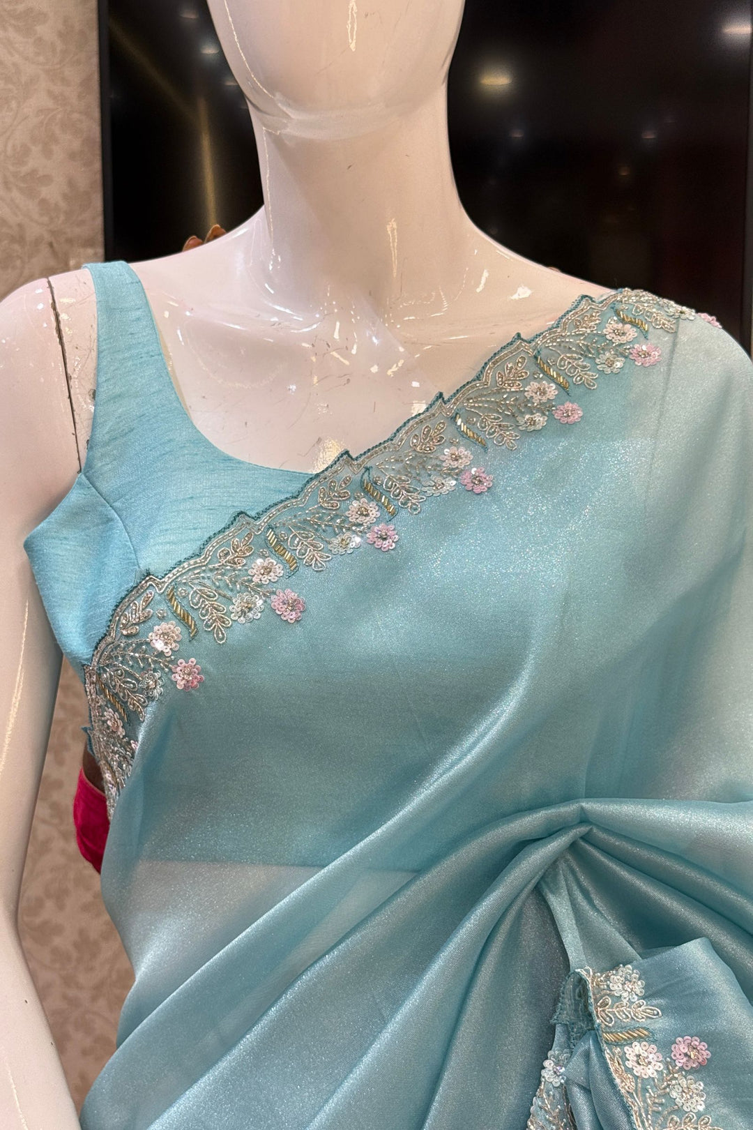 Sky Blue Stone, Sequins, Zardozi and Beads work Saree