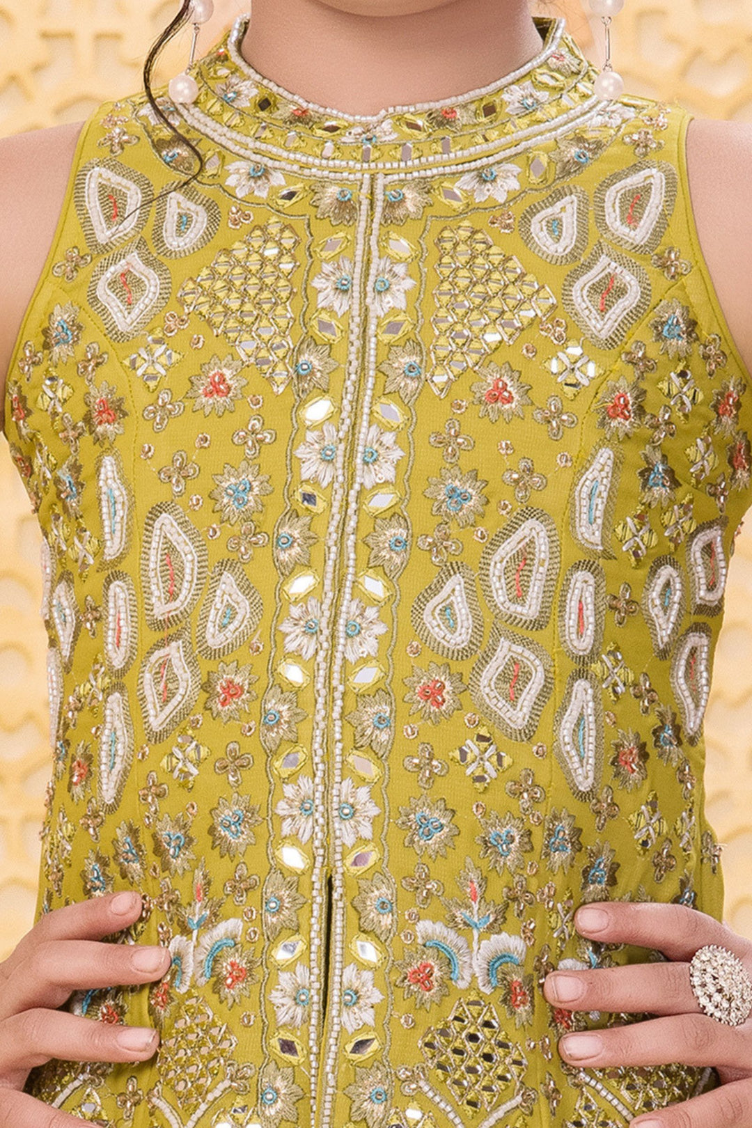 Liril Green Beads, Zari, Mirror and Sequins work Palazzo Suit Set for Girls