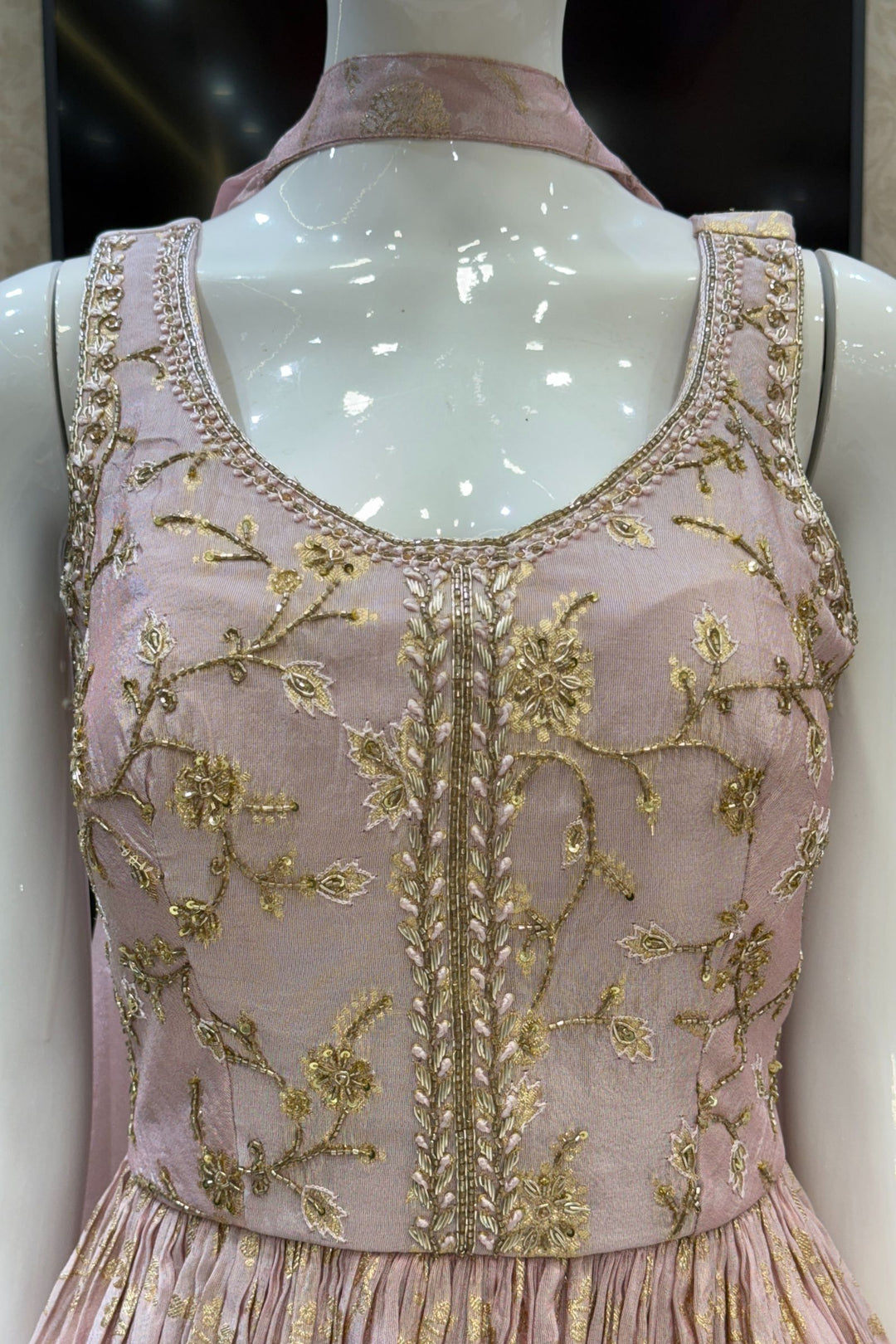 Baby Pink Banaras, Beads, Zardozi and Sequins work Peplum Top with Palazzo Suit Set