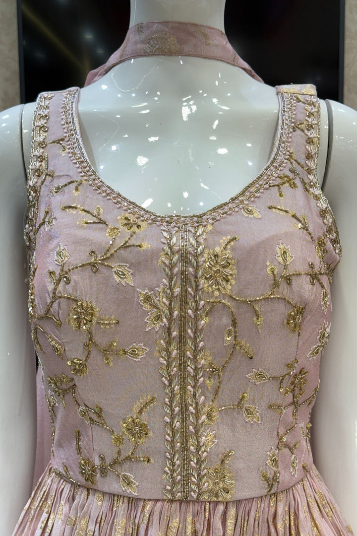 Baby Pink Banaras, Beads, Zardozi and Sequins work Peplum Top with Palazzo Suit Set