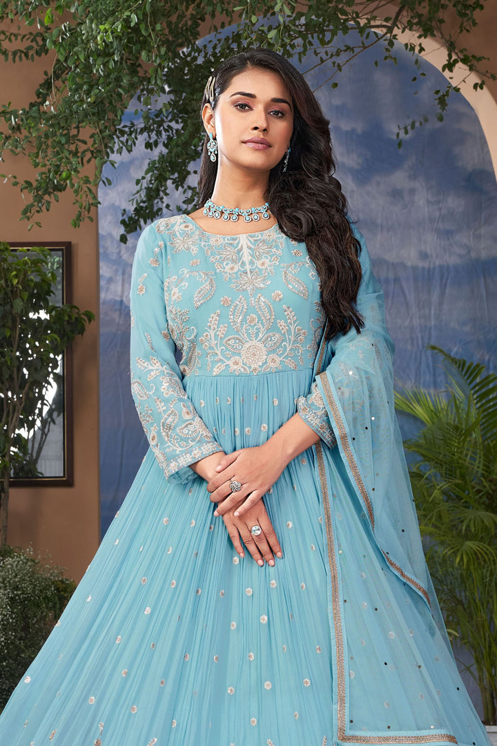 Sky Blue Embroidery, Sequins and Zari work Floor Length Anarkali Suit