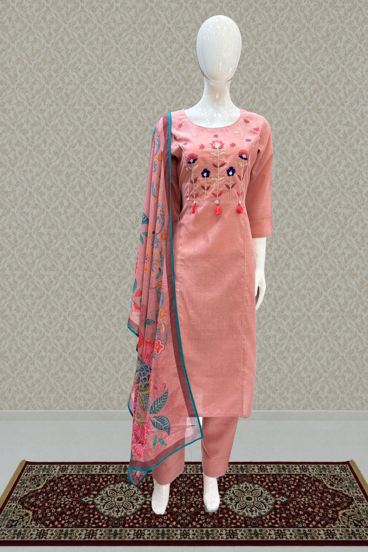 Onion Pink Embroidery work Straight Cut Salwar Suit with Digital Print Dupatta