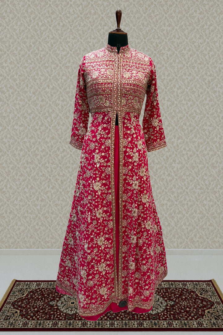 Rani Pink Embroidery and Sequins work Mastani Styled Long Top Lehenga