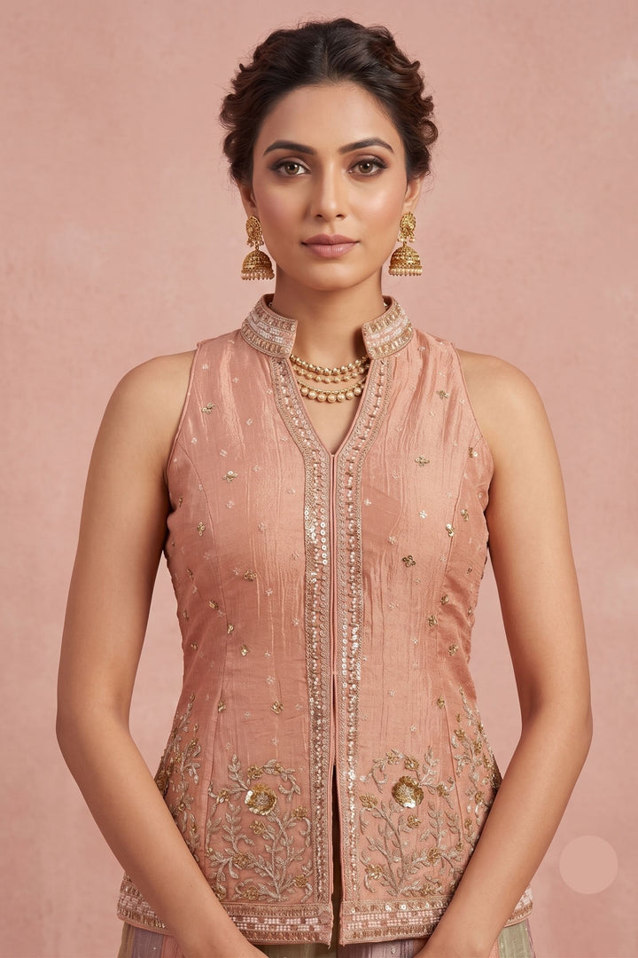 Peach Halter Neck Palazzo Salwar Suit with Zardozi, Beads, Sequins and Zari Detailing