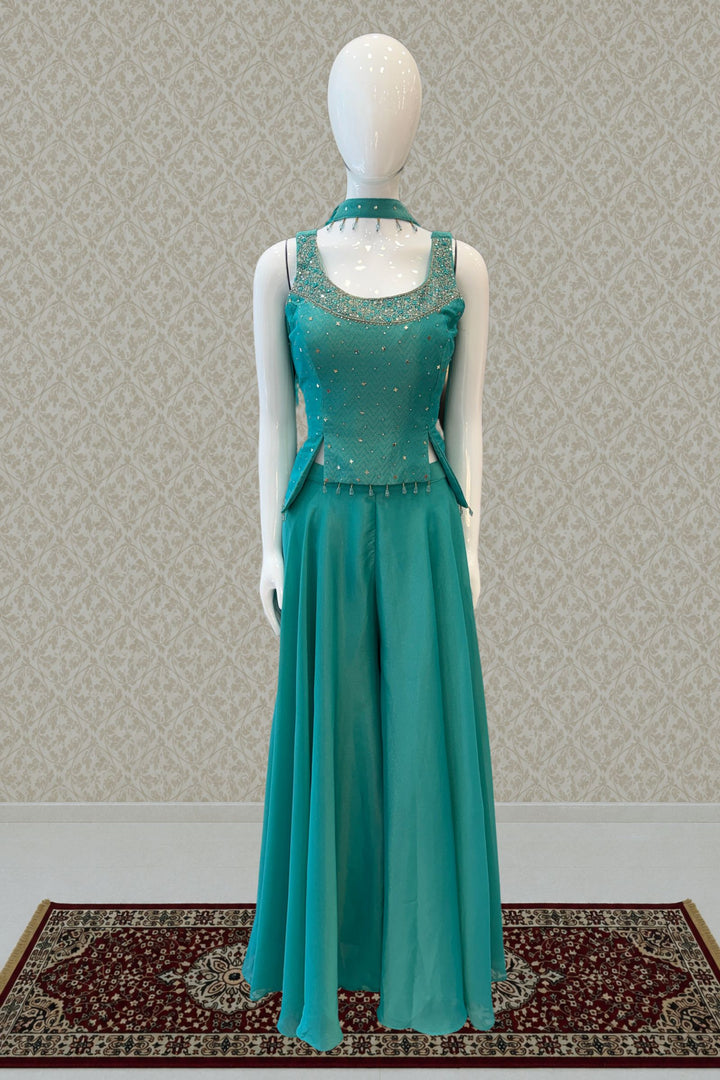 Rama Green Zardozi, Stone and Beads work Palazzo Suit Set
