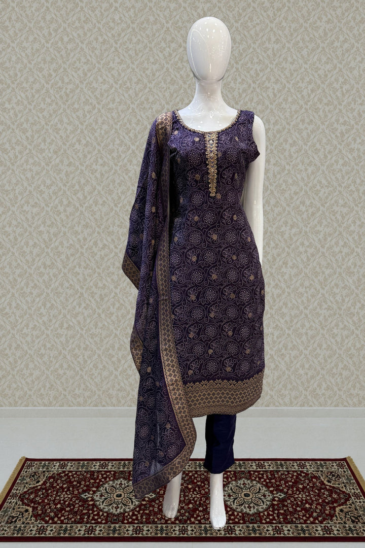 Purple Zari Weaving and Banaras work with Bandini Print Straight Cut Salwar Suit