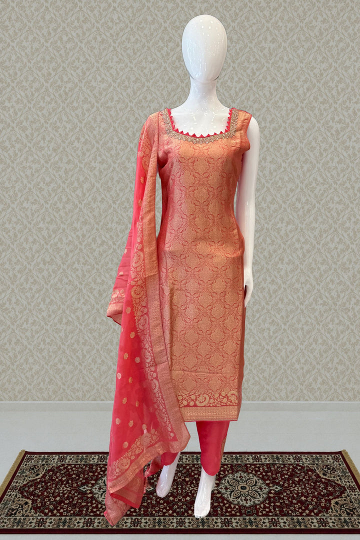 Peach Beads, Mirror, Stone, Banaras and Brocade work Straight Cut Salwar Suit
