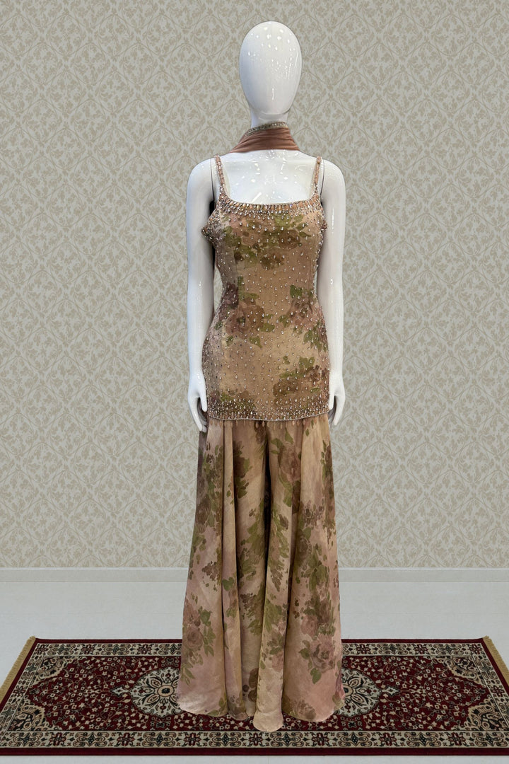 Light Brown Floral Print Top and Flared Palazzo Set with Kundan and Beads work