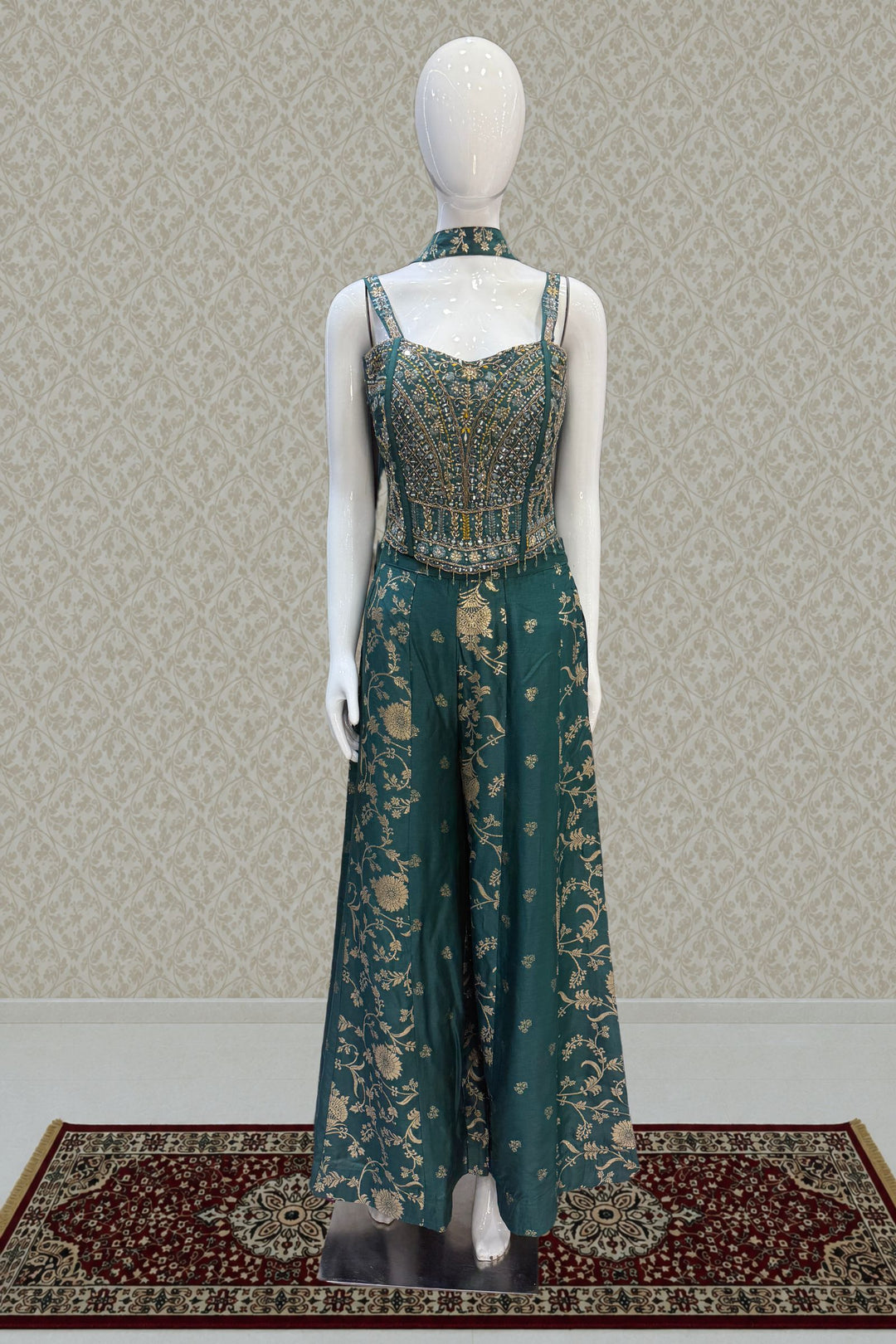 Green Zardozi, Mirror, Beads, Sequins, Thread, Zari and Stone work Palazzo Suit Set