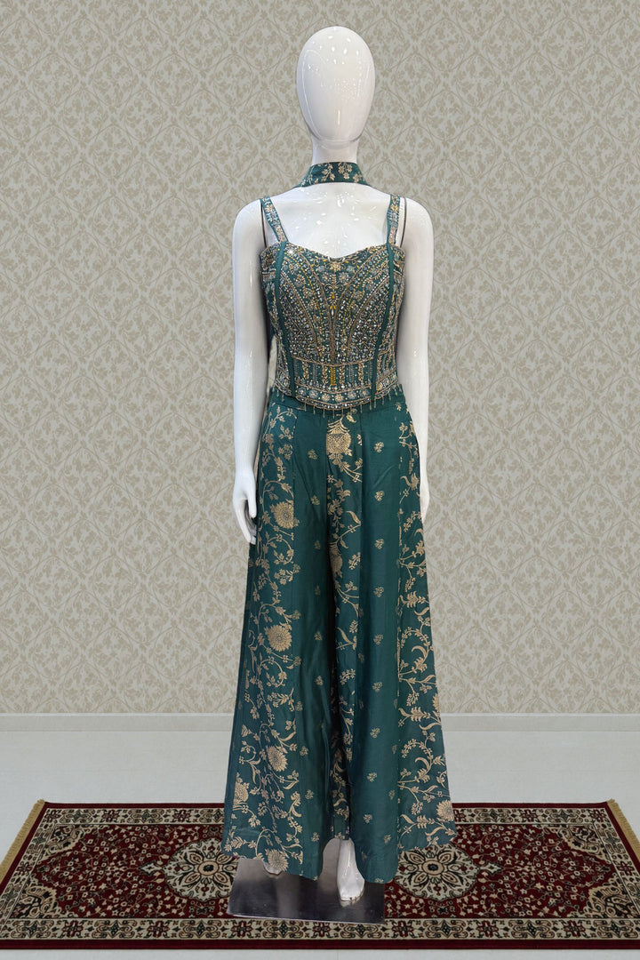 Green Zardozi, Mirror, Beads, Sequins, Thread, Zari and Stone work Palazzo Suit Set