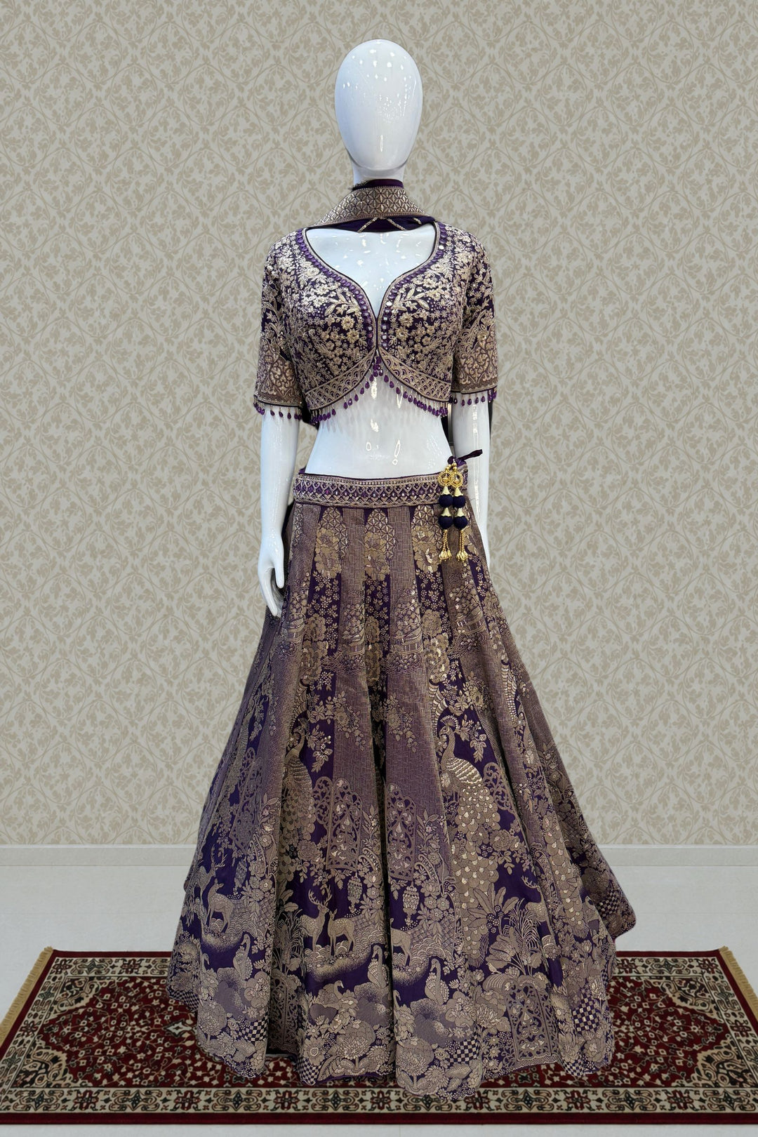 Purple Zari, Sequins, Mirror, Beads and Banaras work Crop Top Bridal Lehenga
