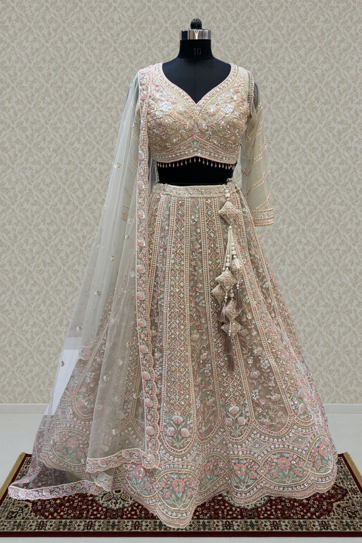 Beige Sequins, Beads and Zari Thread work Crop Top Designer Bridal Lehenga
