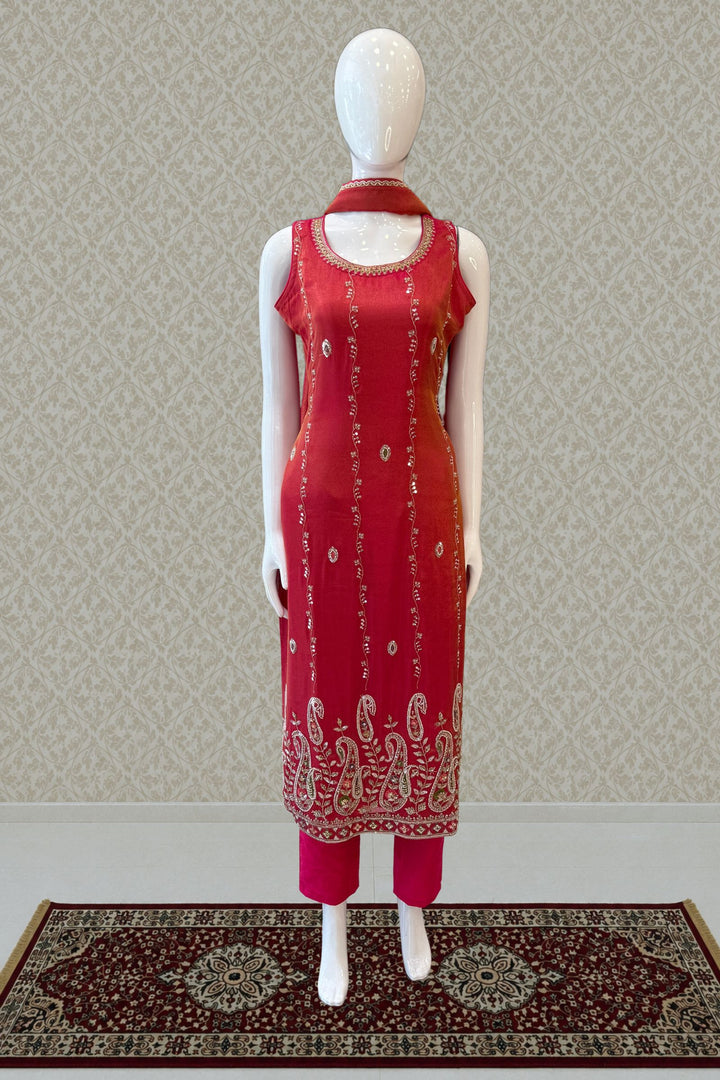 Rani Pink Zari, Stone, Sequins and Thread work Straight Cut Salwar Suit