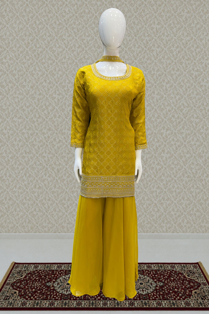 Yellow Zardozi and Sequins work with Banaras Weaving Palazzo Salwar Suit