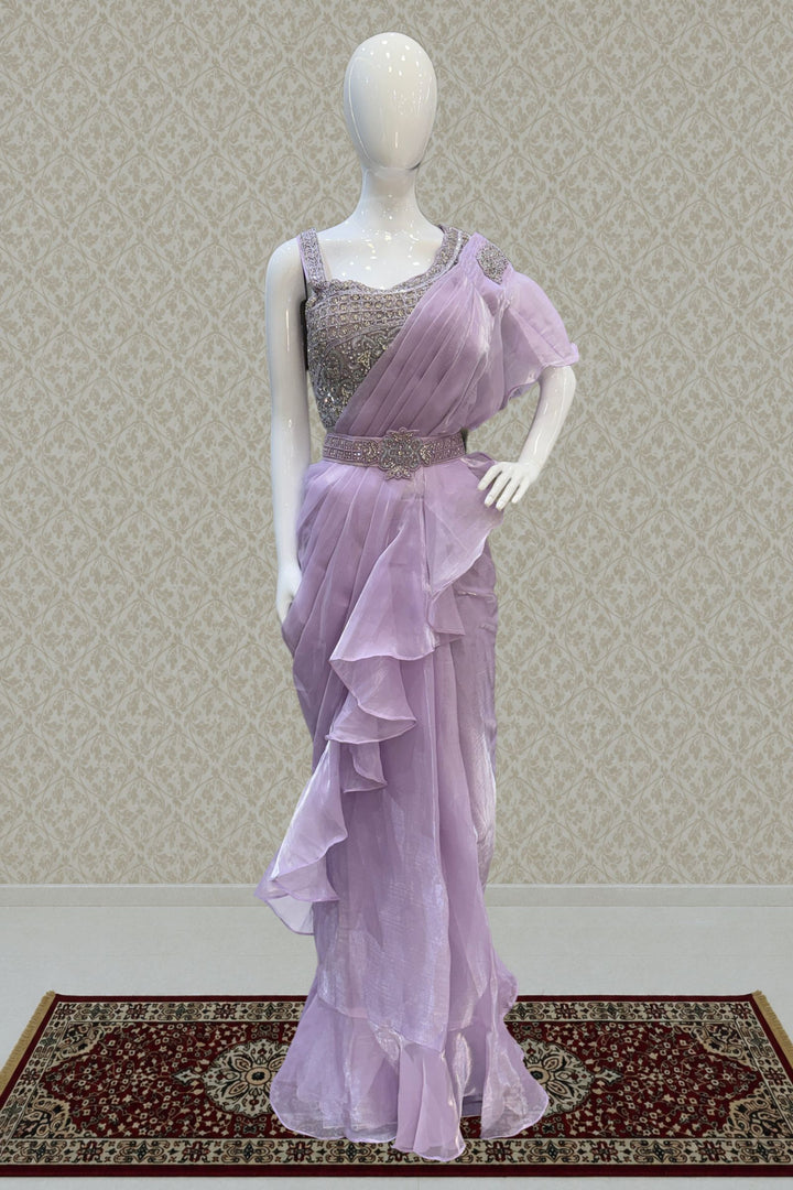 Lavender Readymade Saree with Beads and Stone work Readymade Blouse