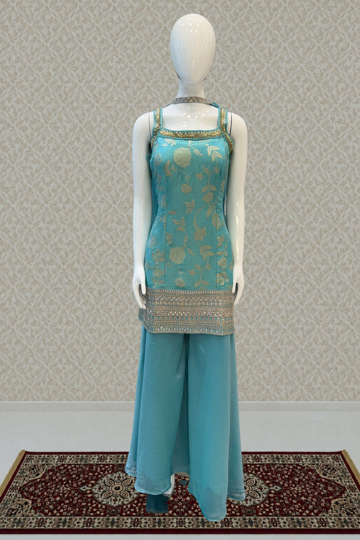 Light Blue Banaras Zari, Mirror, Zardozi, Sequins, Stone and Beads work Palazzo Salwar Suit