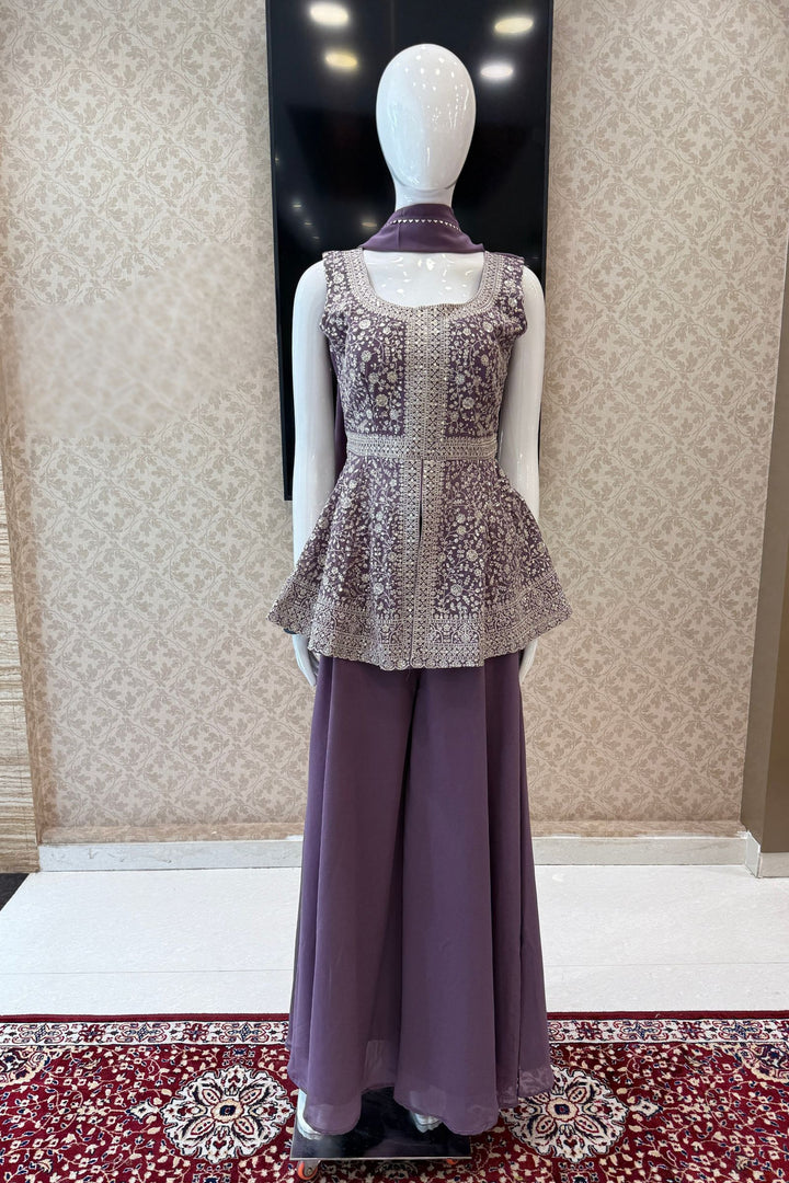 Lilac Sequins and Zari work Peplum Top with Palazzo Suit Set