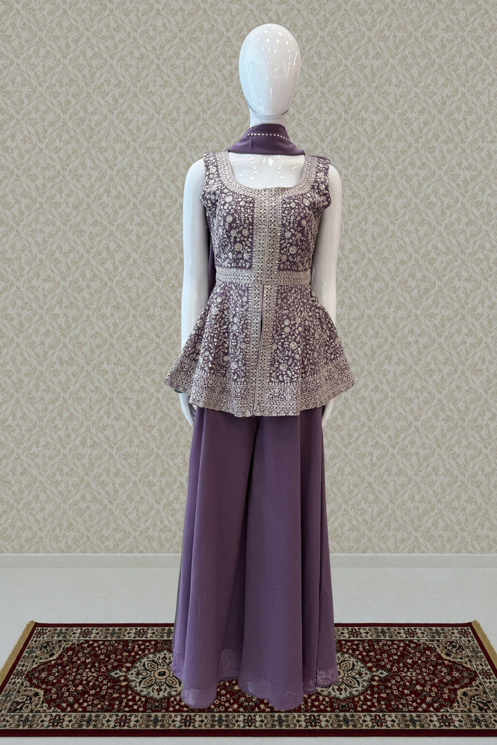Lilac Sequins and Zari work Peplum Top with Palazzo Suit Set
