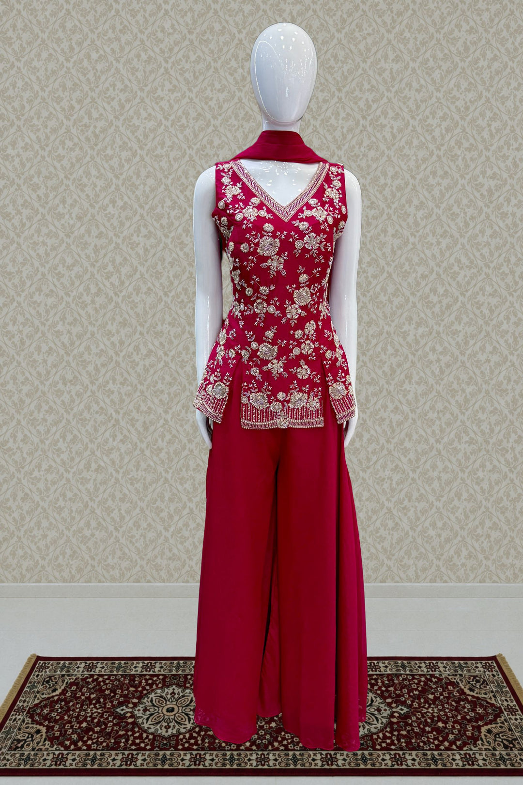 Rani Pink Beads, Zari and Sequins work Palazzo Salwar Suit