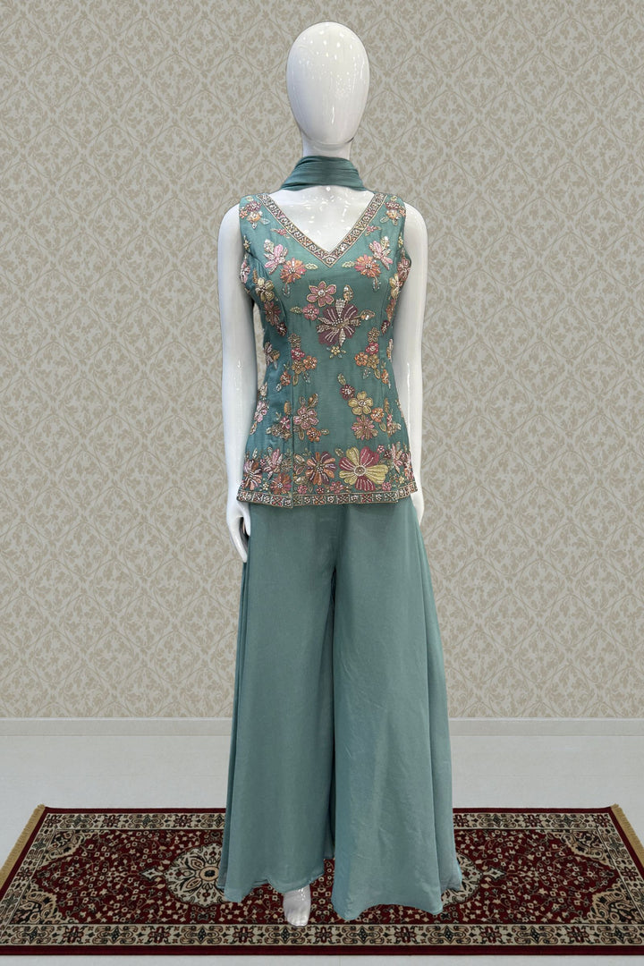 Sea Green Palazzo Set Featuring All-Over Multicolor Embroidery, Beads, Sequins and Zari