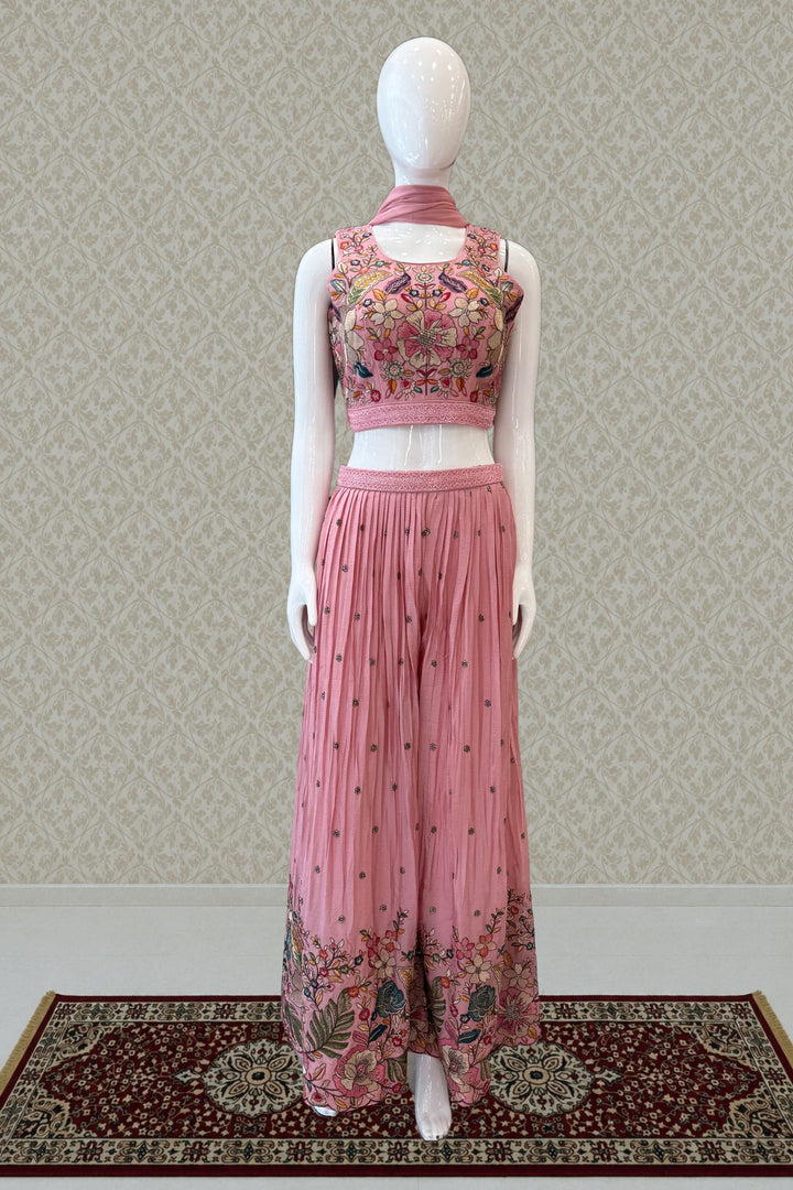 Pink Floral Embroidered Palazzo Set