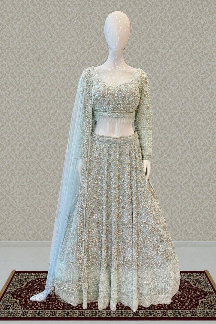 Aqua Blue Beads, Sequins and Zari work Crop Top Designer Bridal Lehenga