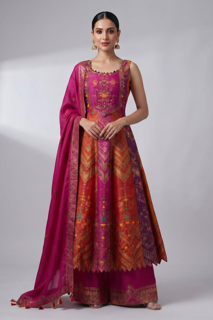 Multicolor Banaras, Zardozi and Beads work Anarkali Style Salwar Suit with Palazzo Pant