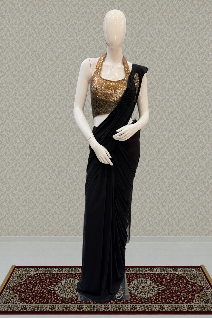 Black Readymade Saree with Sequins work Readymade Blouse