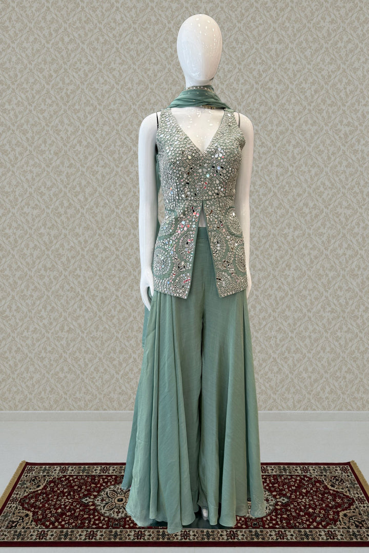 Sea Green Mirror, Zari and Stone work Top with Palazzo Pant Set