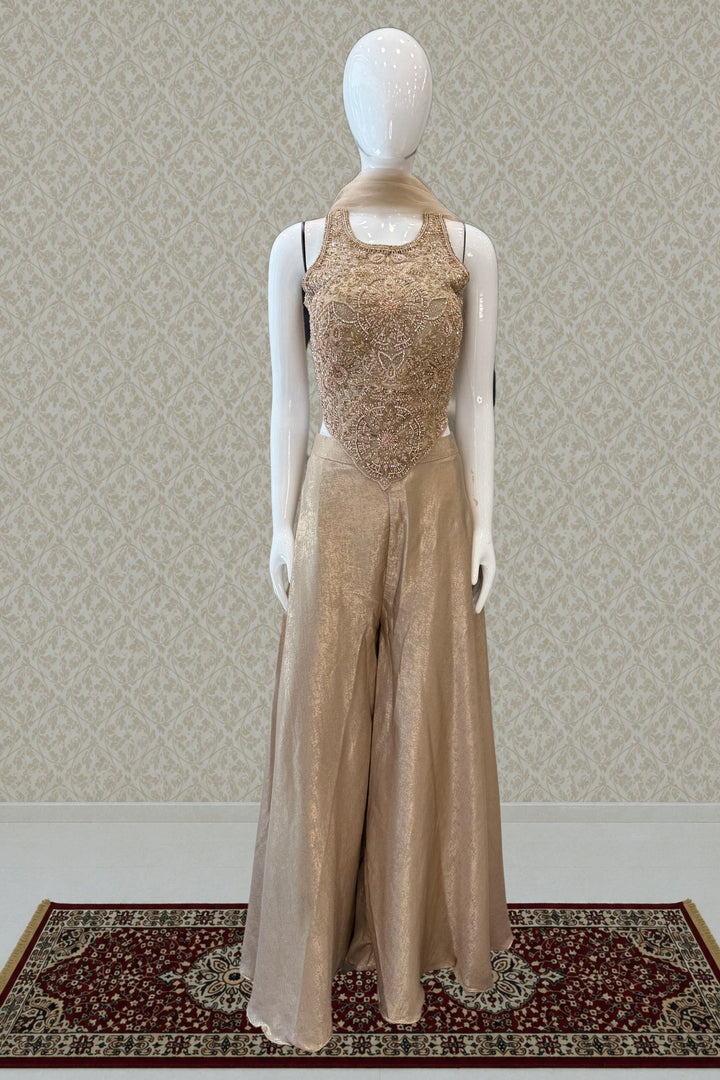 Gold Beads, Stone and Sequins work Palazzo Suit Set