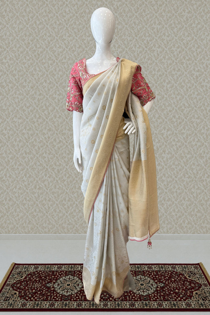 Silver Zari work Saree with Pearl, Zardozi, Beads and Sequins work Readymade Blouse