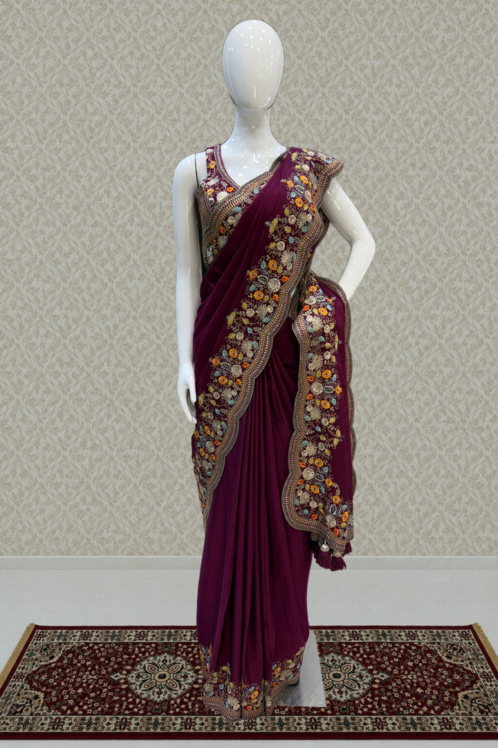 Wine Multicolor Embroidery, Sequins and Zari work Saree