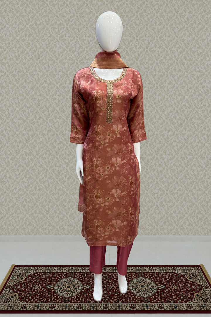 Gajri Pink Mirror, Zardozi and Banaras work with Floral Print Straight Cut Salwar Suit