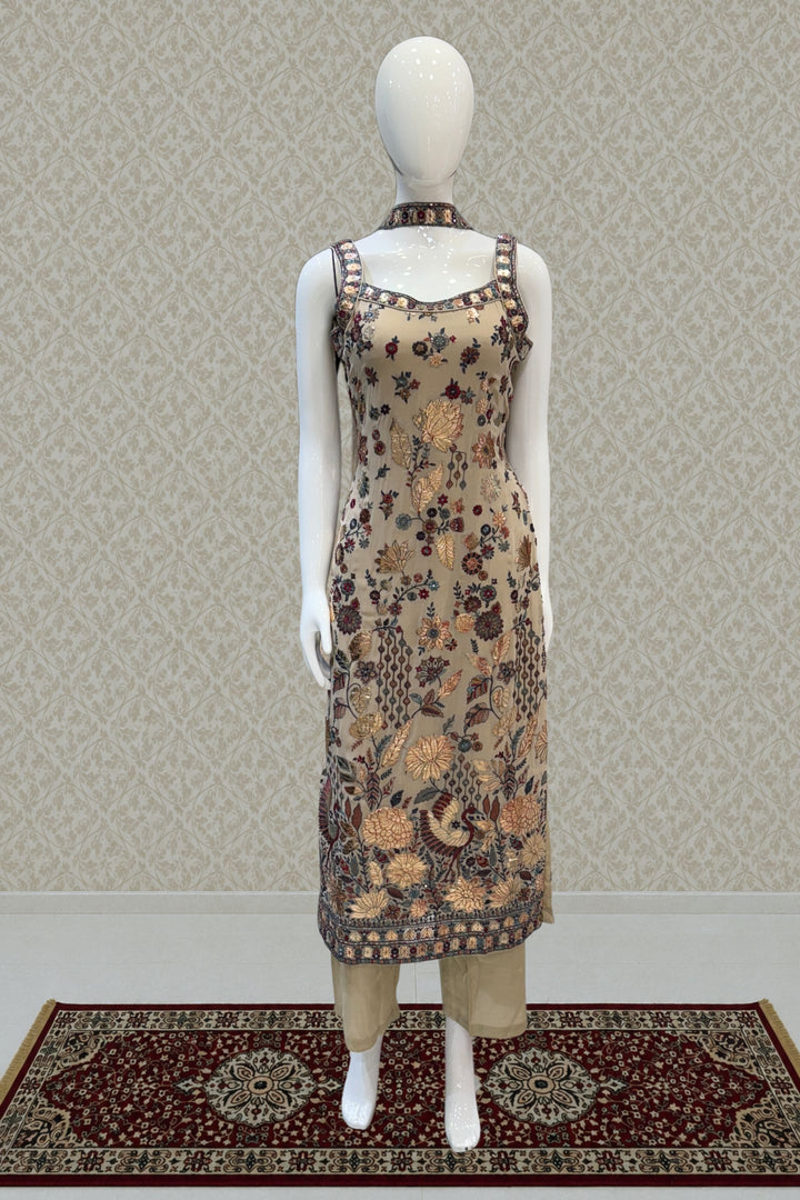 Chikoo Embroidery and Sequins work Straight Cut Salwar Suit