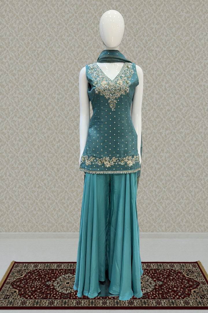 Rama Blue Banaras Zari, Beads, Sequins, Mirror, Stone and Zardozi work Palazzo Salwar Suit