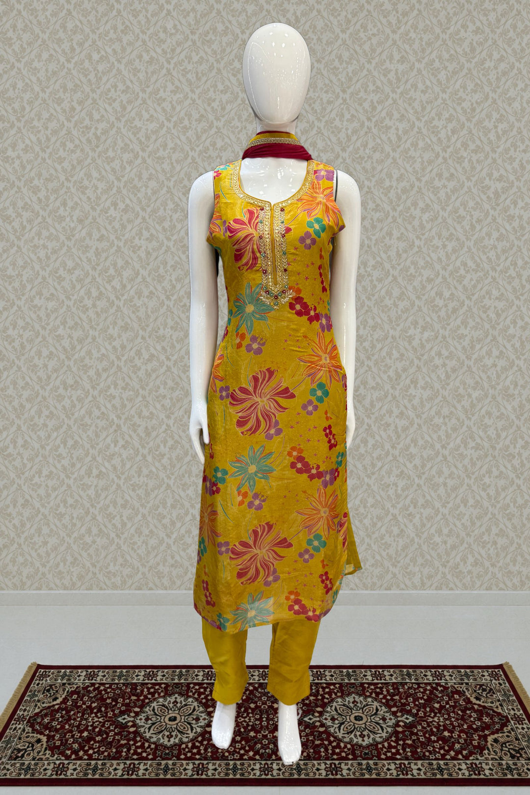 Yellow Zardozi, Beads, Sequins and Stone work with Floral Print Straight Cut Salwar Suit
