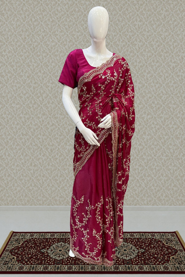Magenta Beads, Zari and Sequins work Saree