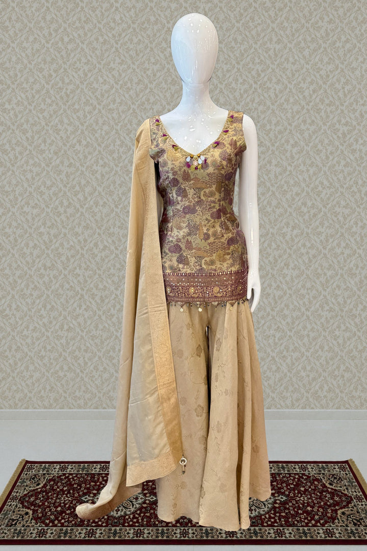 Beige with Purple Banaras work Palazzo Salwar Suit