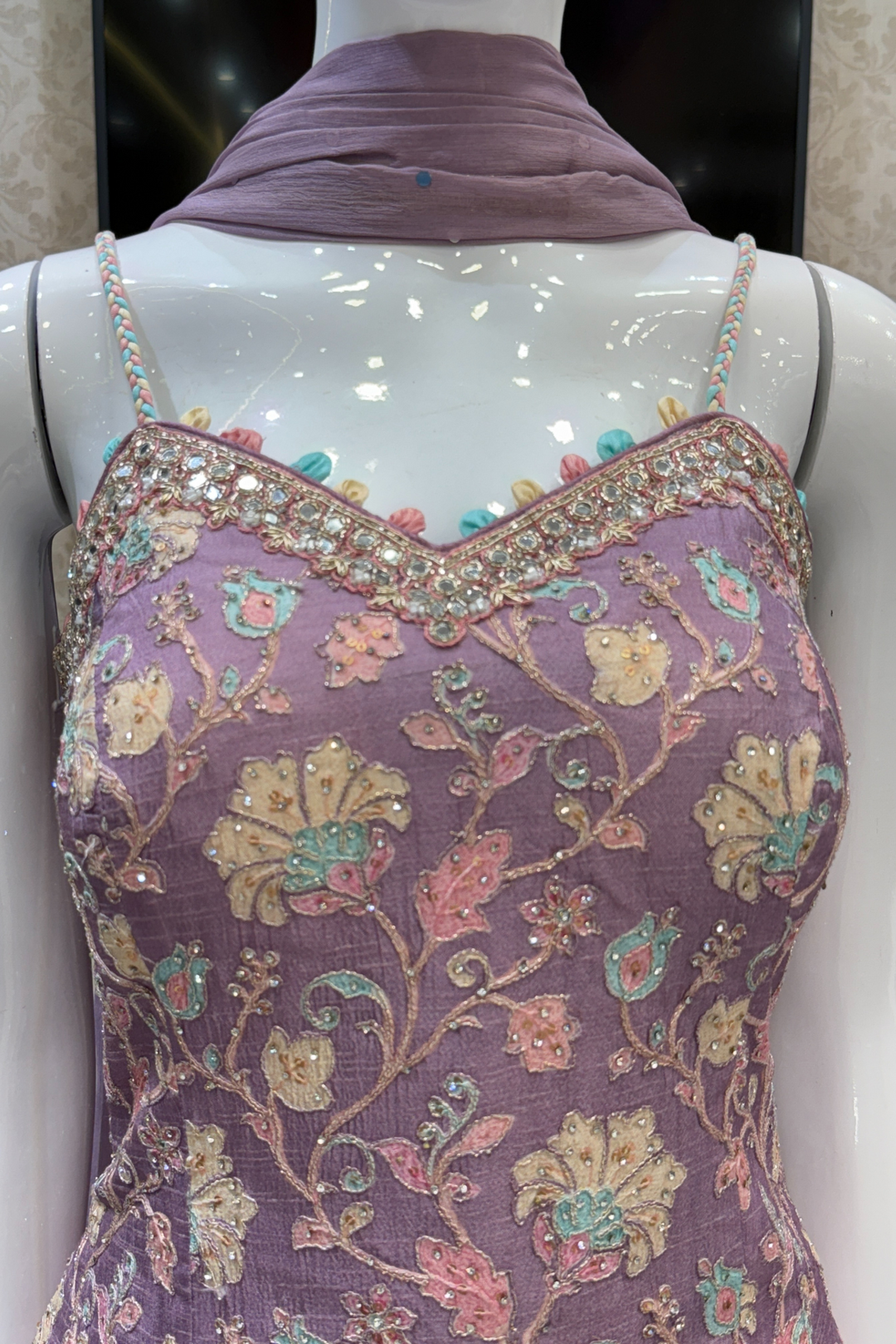 Lavender Zardozi, Mirror and Beads work with Multicolor Digital Print Palazzo Salwar Suit
