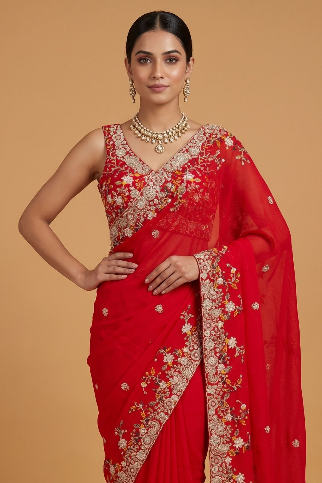 Red Saree with Multicolor Embroidery, Zari and Sequins Embellishments
