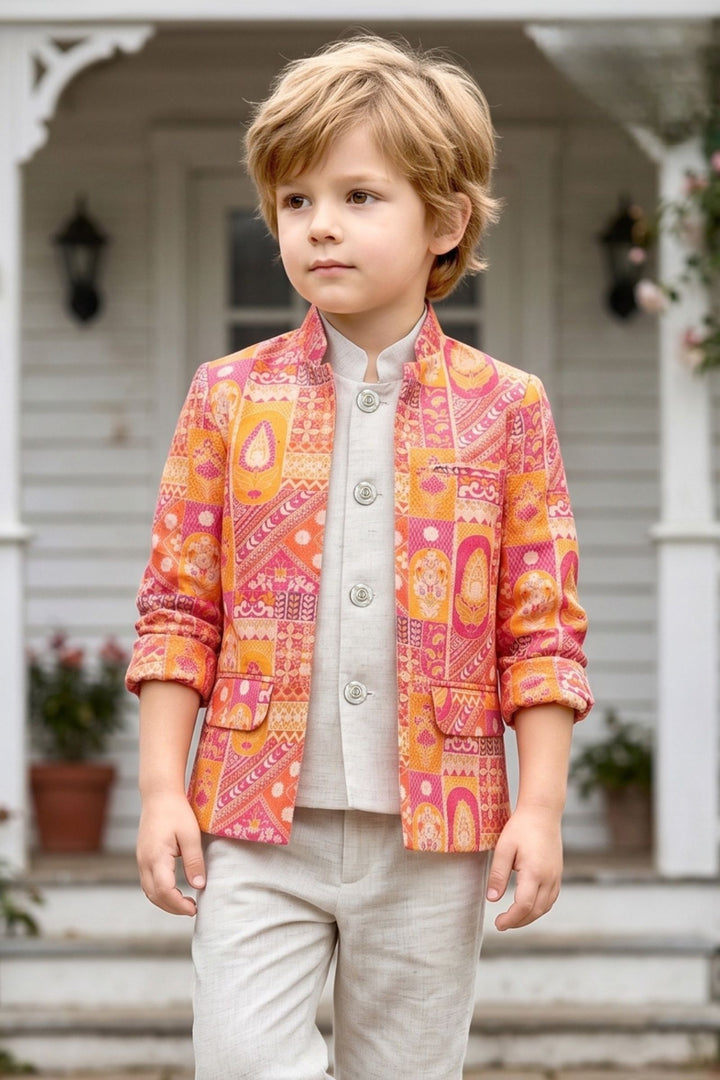 Half White Kurta with Multicolor Digital Print Waistcoat for Boys