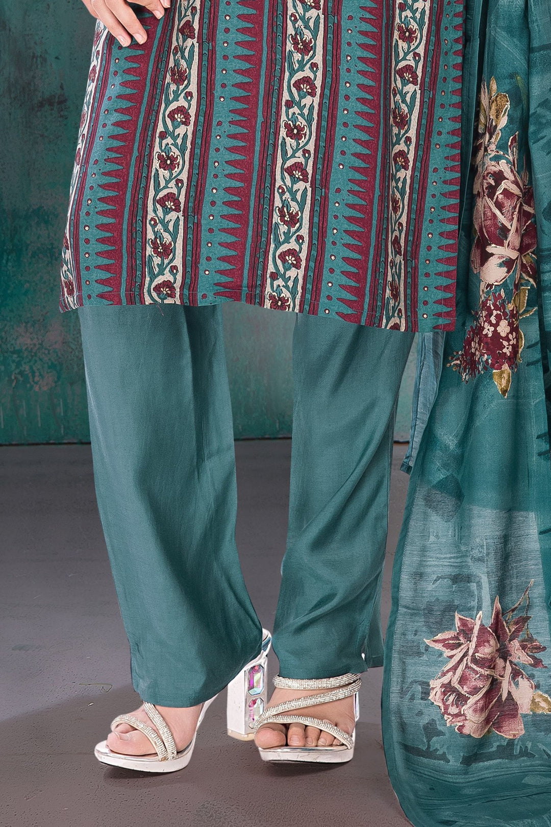 Peacock Green Beads and Mirror work with Printed Straight Cut Salwar Suit for Girls