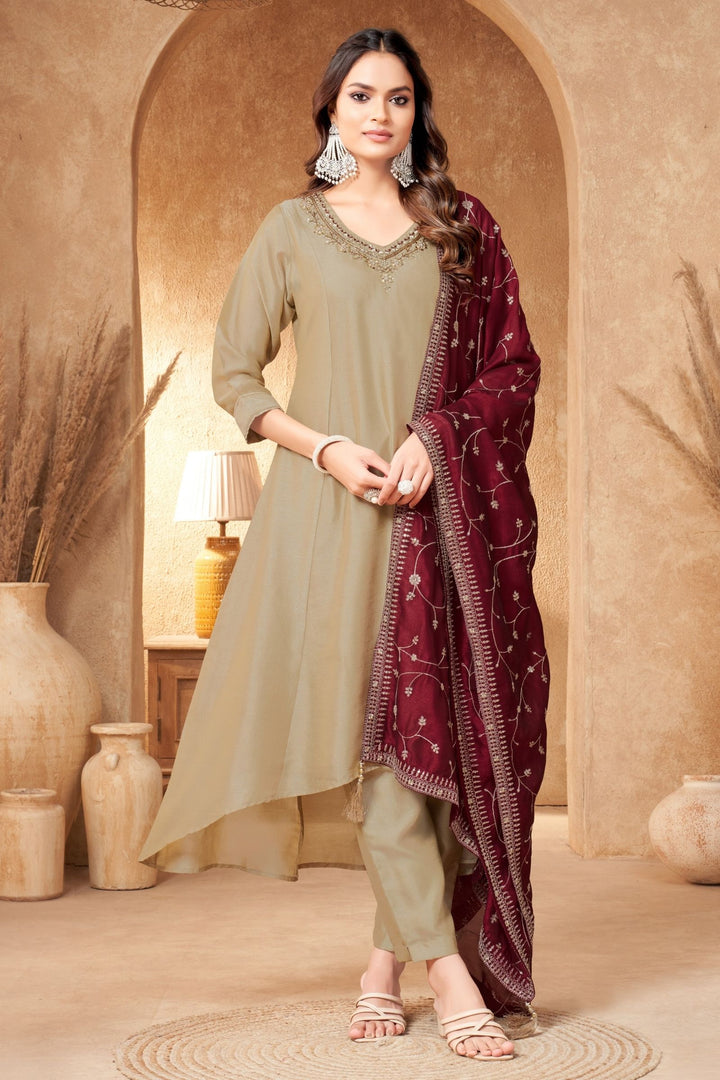 Beige Zardozi, Mirror and Beads work A-line Cut Salwar Suit