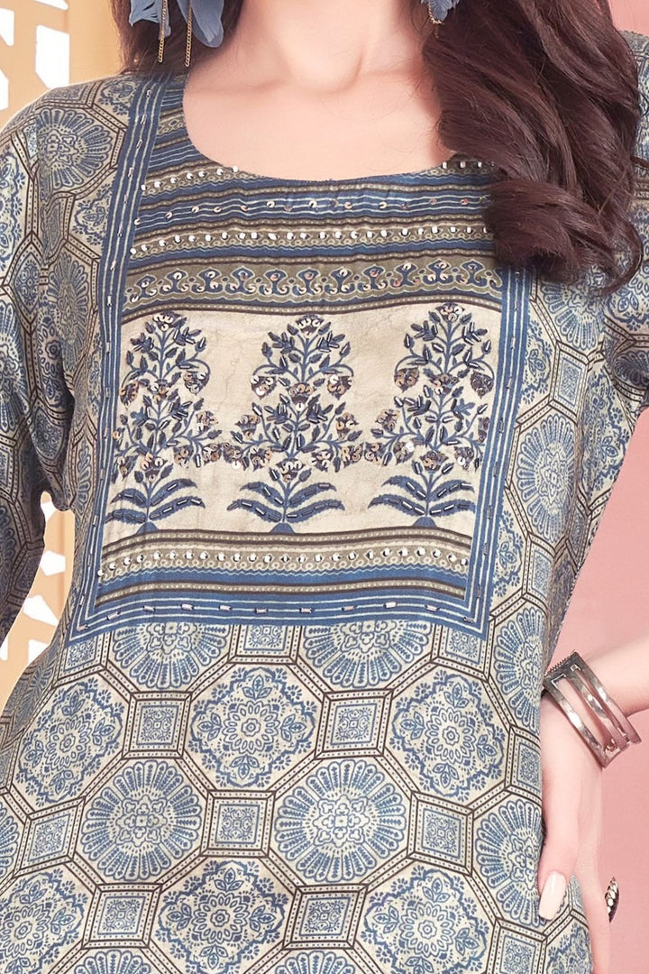 Blue Beads and Sequins work with Ajrakh Print Calf Length Kurti