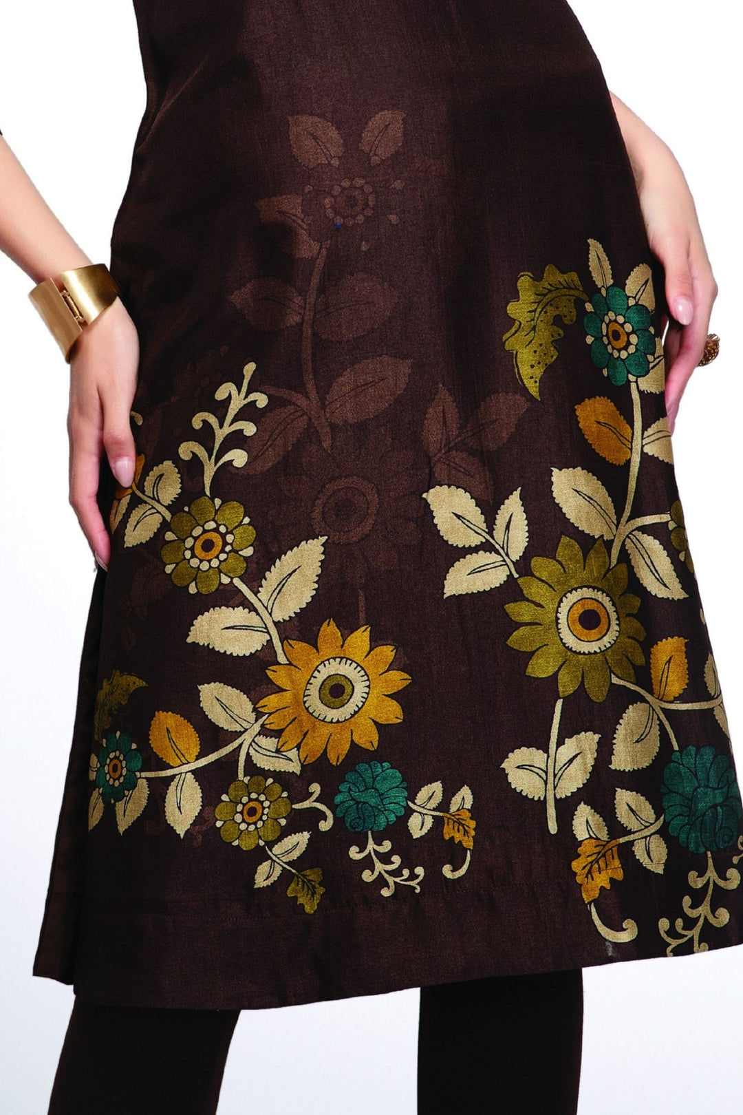 Brown Embroidery, Stone and Zari work with Floral Print Calf Length Kurti