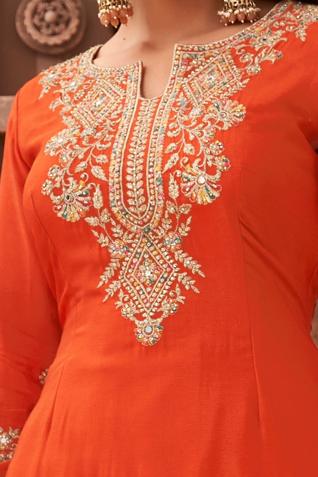 Orange Multicolor Thread, Zari, Mirror, Sequins and Pearl work Palazzo Salwar Suit