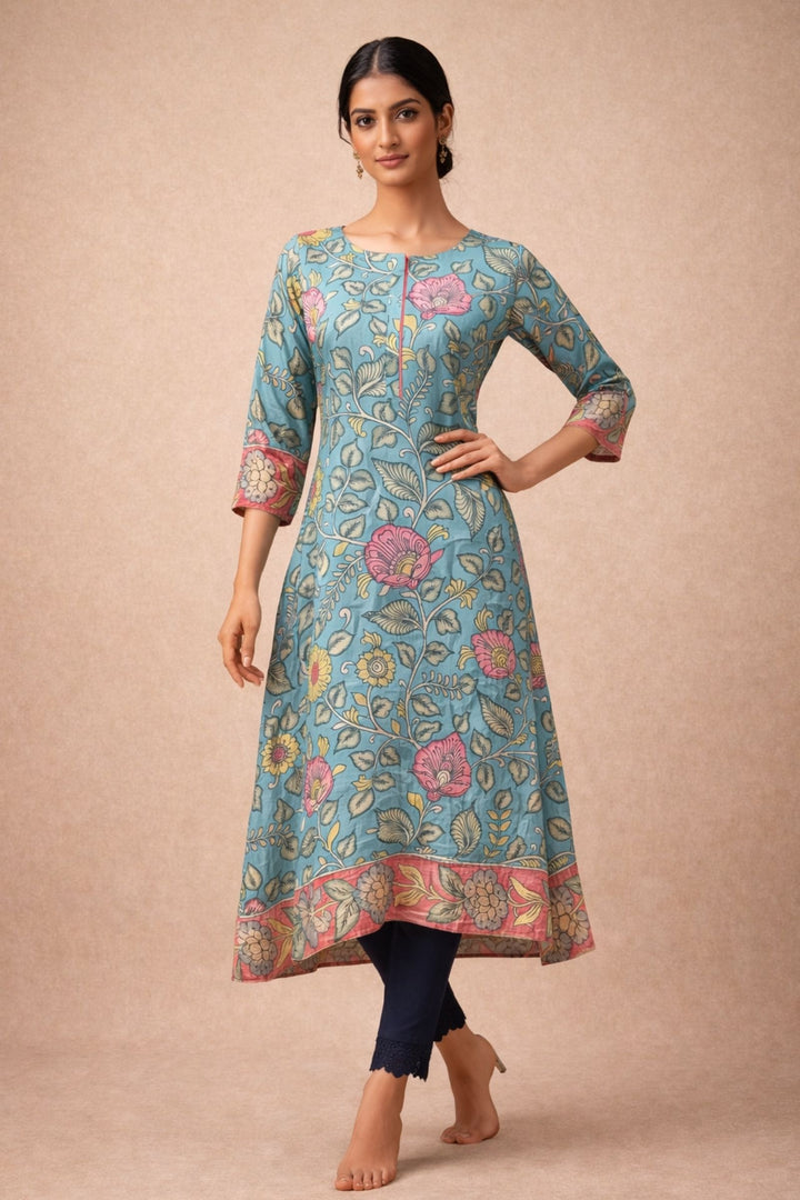 Sea Blue Beads work with Floral Print A-line Cut Calf Length Kurti
