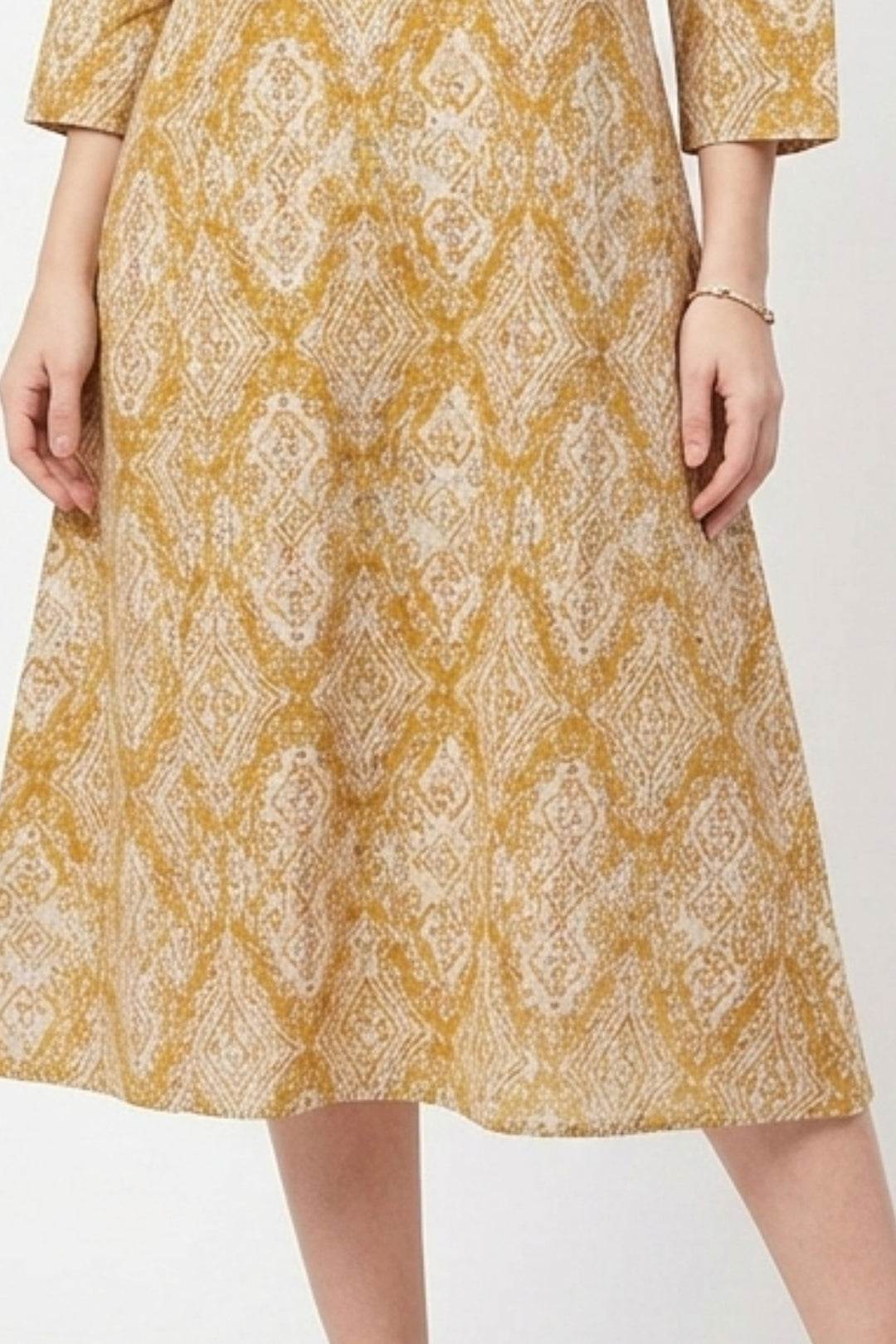 Beige Embroidery, Zari and Stone work with Digital Print A-Line Cut Calf Length Kurti