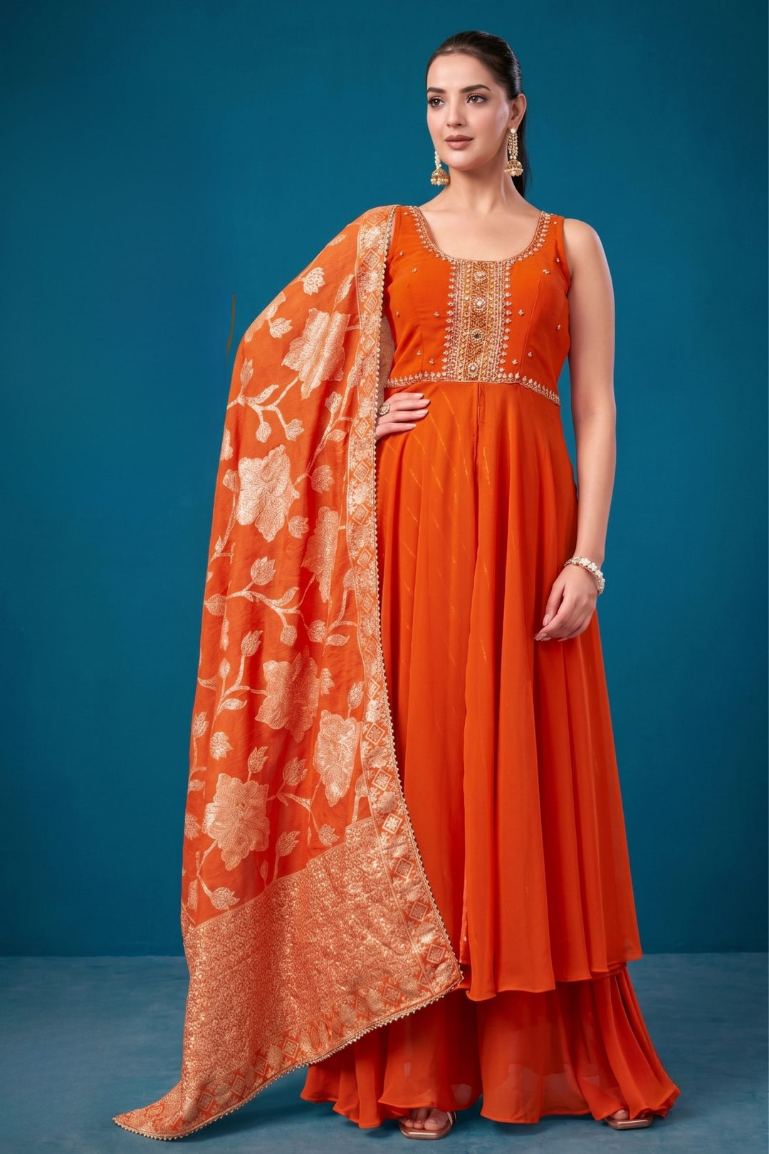 Orange Zardozi, Mirror, Zari and Stone work Mastani Styled Palazzo Suit