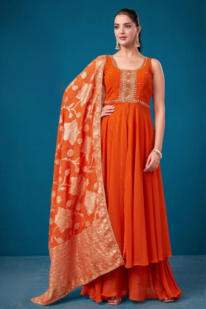 Orange Zardozi, Mirror, Zari and Stone work Mastani Styled Palazzo Suit